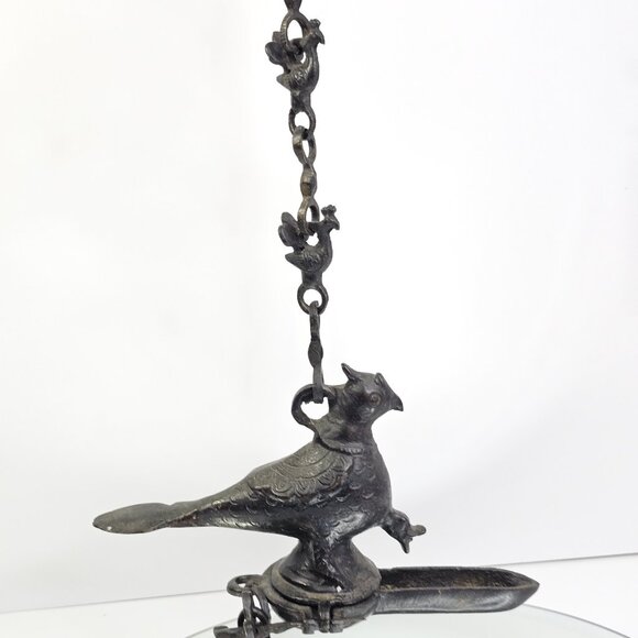 Antique Mughal Peacock Hanging Oil Lamp Bird Very Old. Bronze Or Brass - Picture 15 of 16
